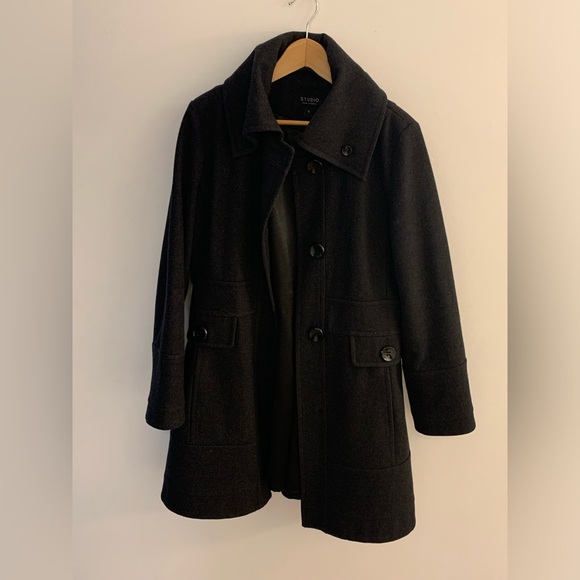 Studio by Liz Claiborne 60% Wool blend black long pea coat, size 10 women’s. - Picture 2 of 6